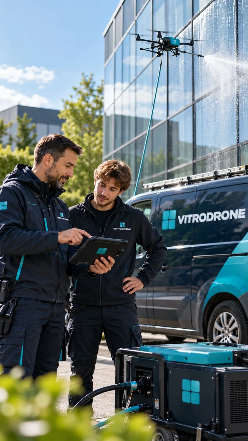 Techniciens Vitrodrone devant une façade vitrée pendant le nettoyage