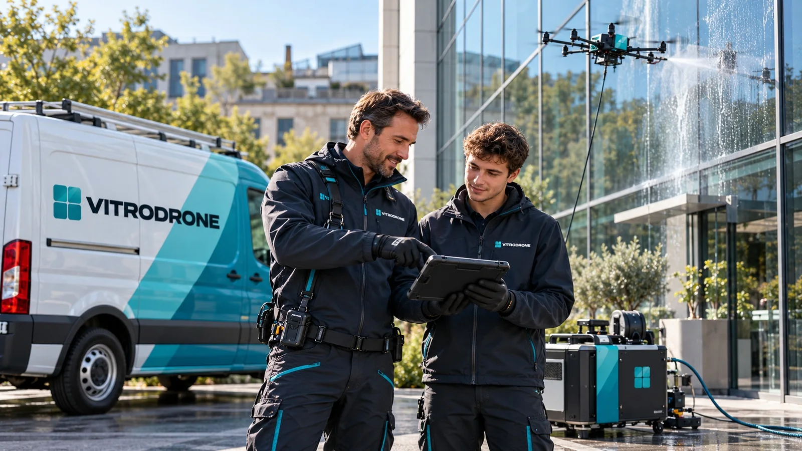 Équipe technique Vitrodrone préparant une intervention de nettoyage par drone