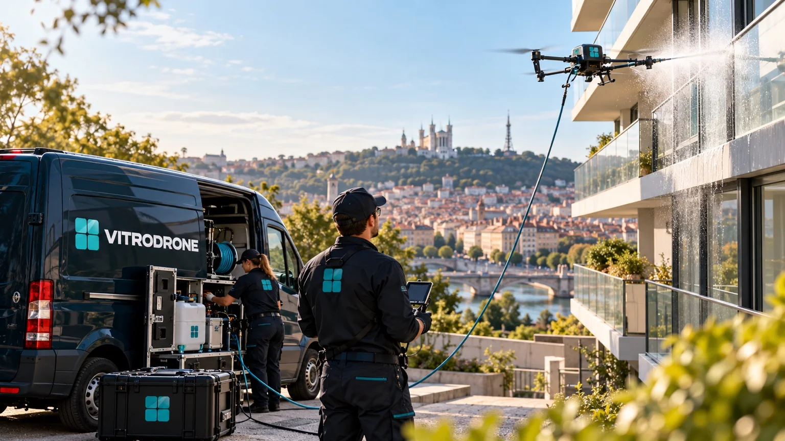Équipe Vitrodrone pilotant un drone de nettoyage sur une façade vitrée