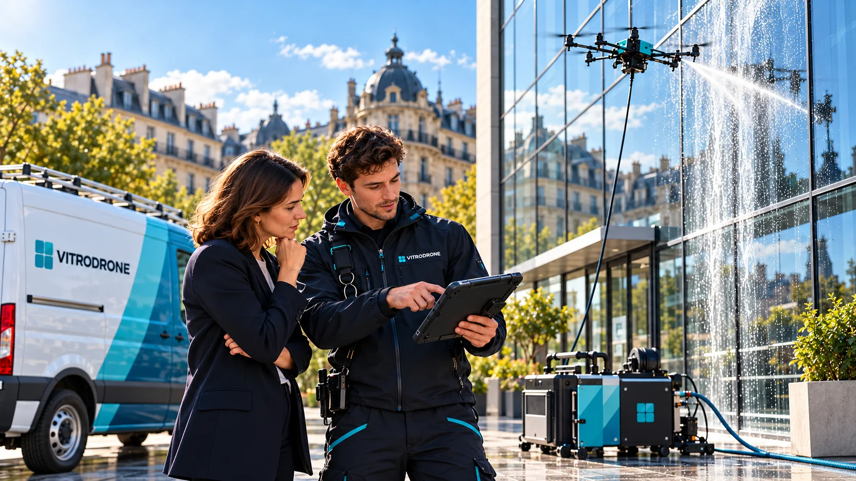 Équipe Vitrodrone présentant une intervention à un responsable de site