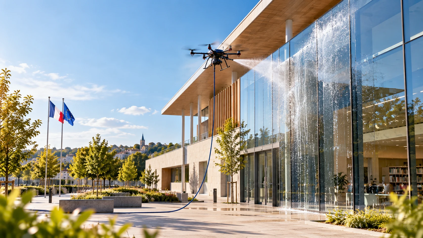 Drone Vitrodrone nettoyant les vitrages d’un bâtiment public