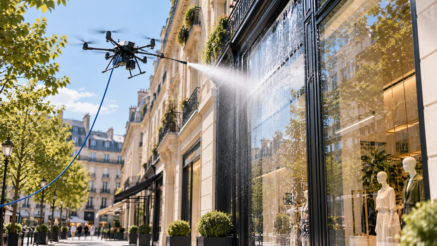 Commerce vitré nettoyé par drone