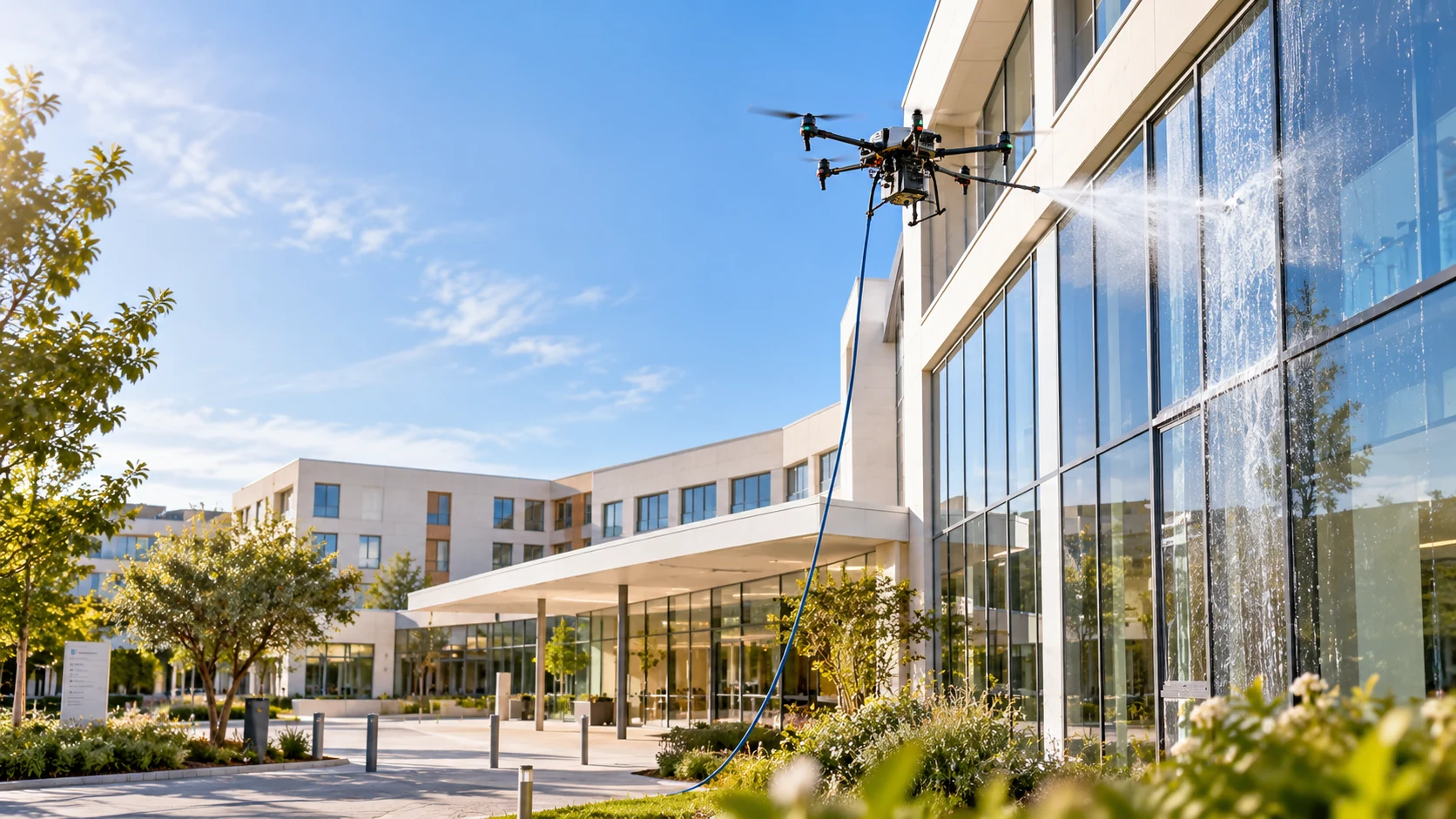 Drone Vitrodrone nettoyant les vitrages d’un établissement de santé