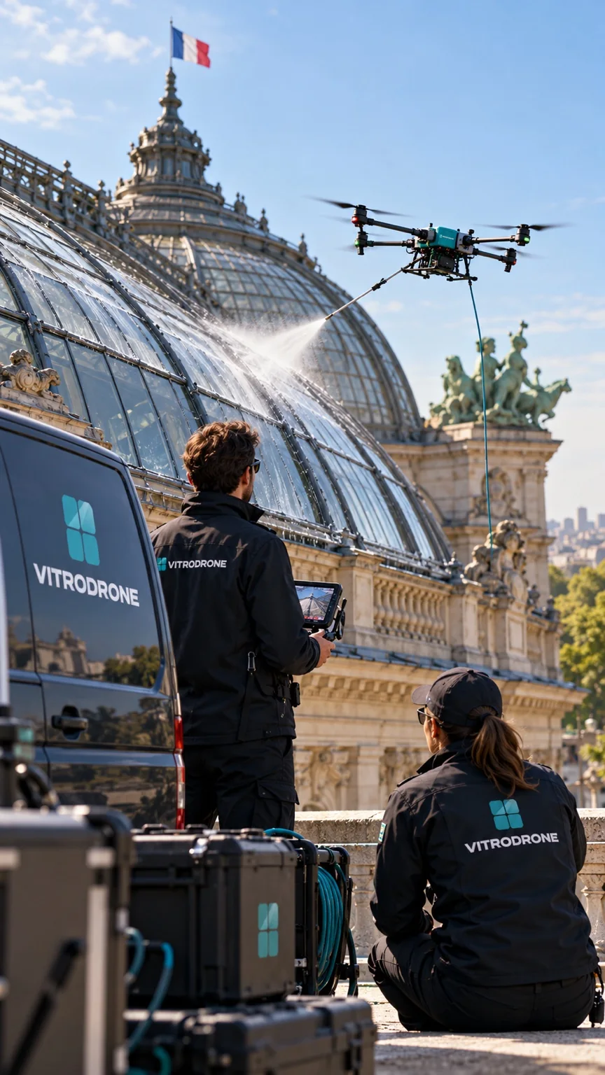 Télépilote Vitrodrone contrôlant un drone sur une verrière