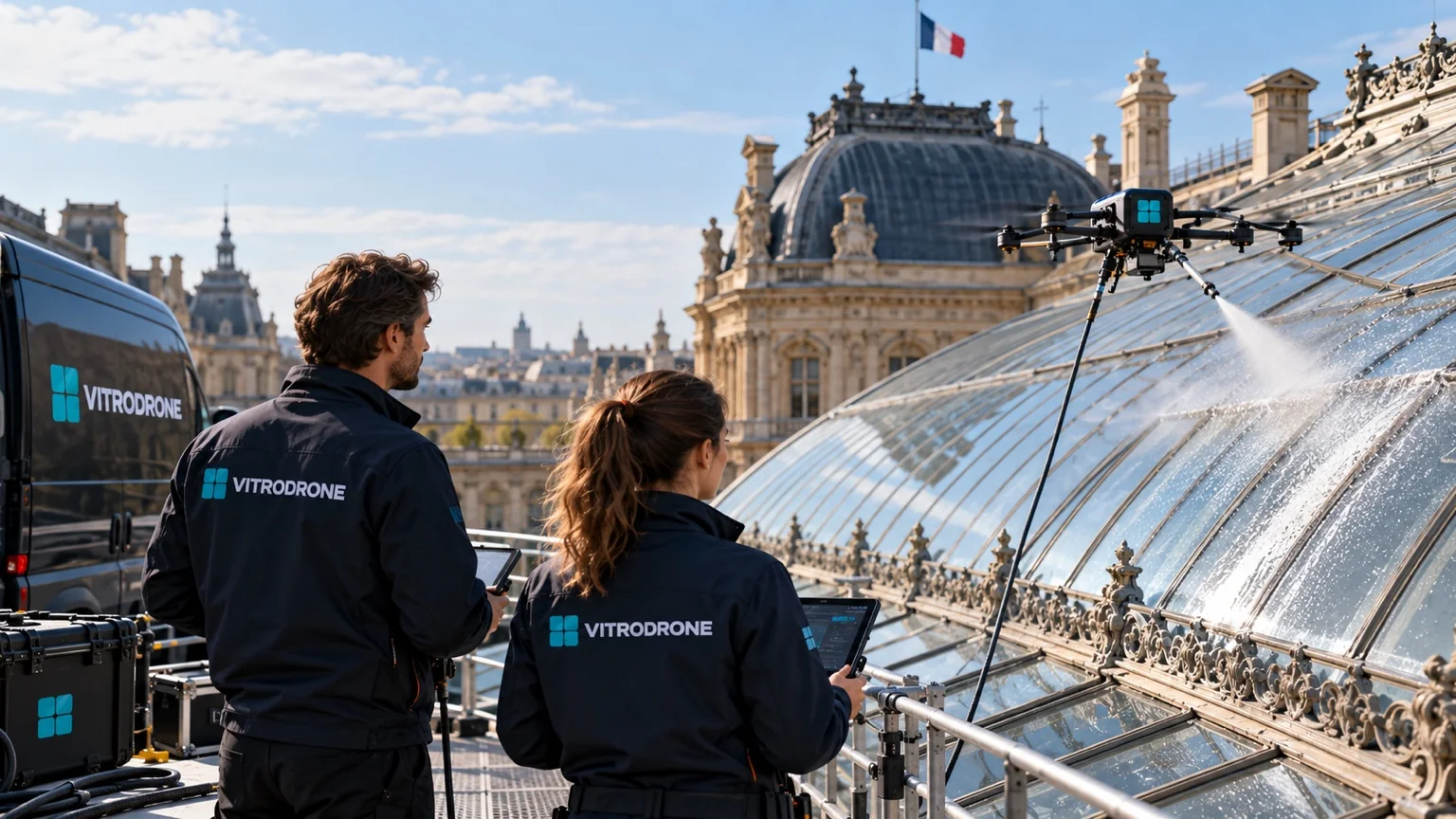 Équipe Vitrodrone nettoyant une grande verrière architecturale par drone