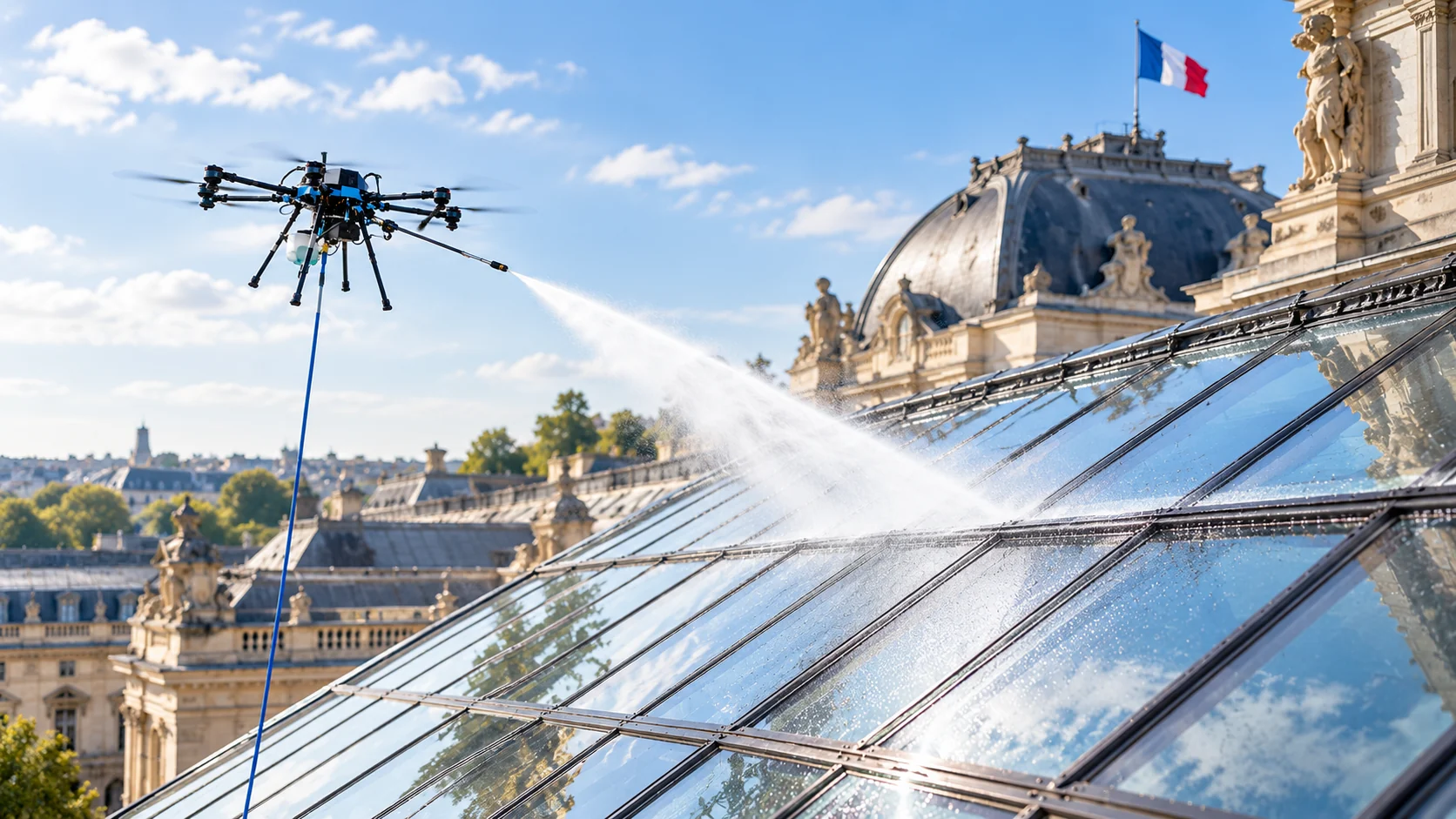 Drone de nettoyage devant une façade vitrée