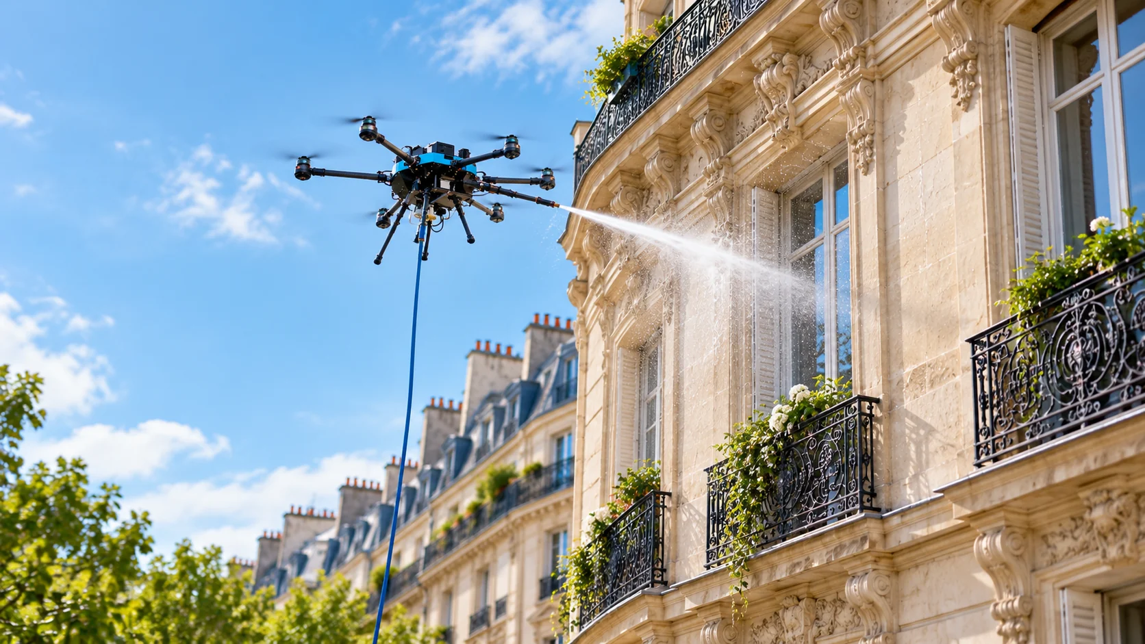 Drone nettoyant une façade d'architecture française