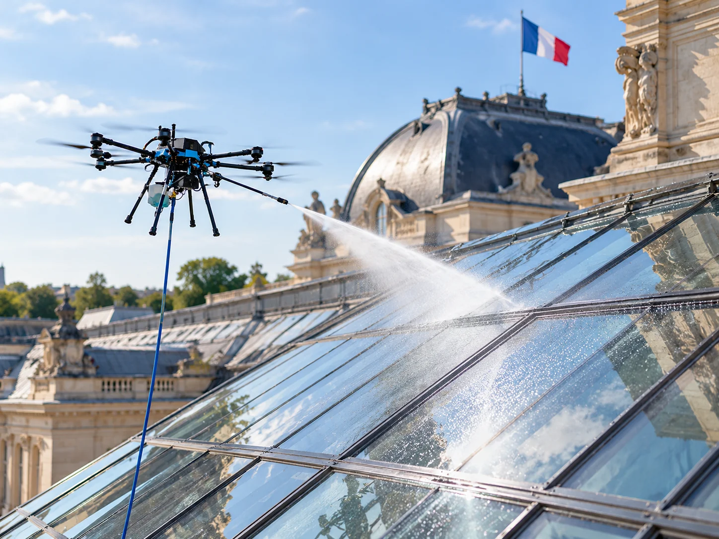 Drone nettoyant une verrière en hauteur