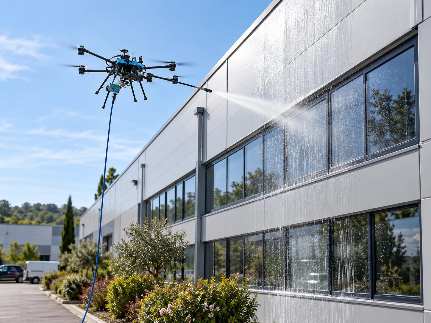 Drone Vitrodrone devant une façade vitrée