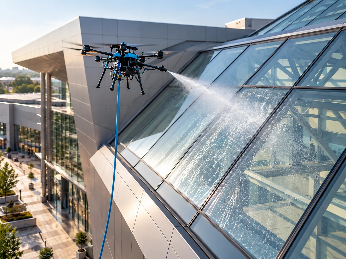 Drone nettoyant une grande verrière
