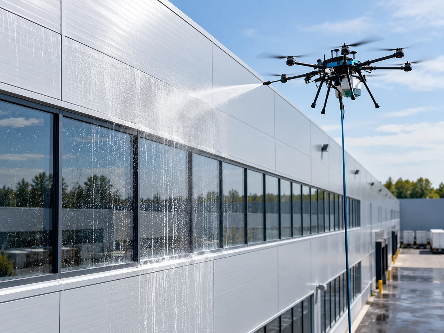 Drone nettoyant un bâtiment industriel