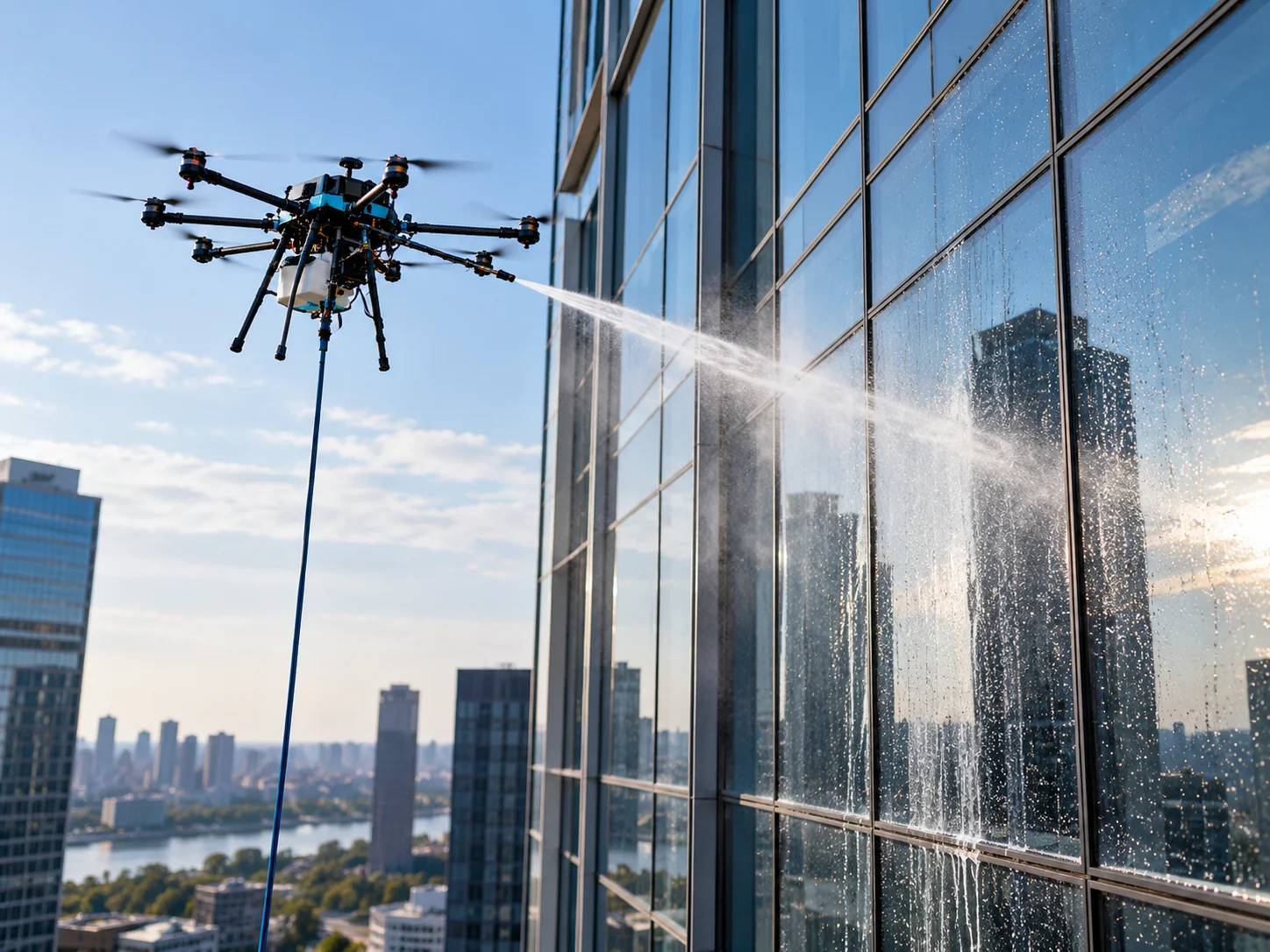 Drone en intervention sur une grande façade vitrée